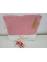 Trousse de toilette double gaze vieux rose, écru et or, personnalisable avec prénom