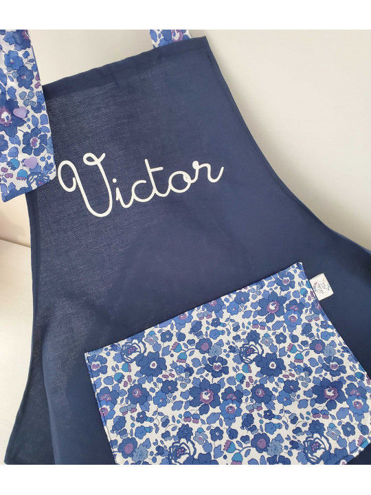 Tablier personnalisé marine et liberty Betsy lavande (choix de tailles)