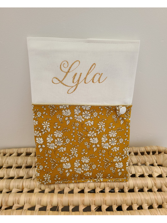 Protège livret de famille personnalisable liberty Capel moutarde, marine et or