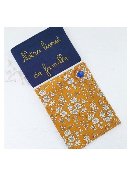 Protège livret de famille personnalisable liberty Capel moutarde, marine et or