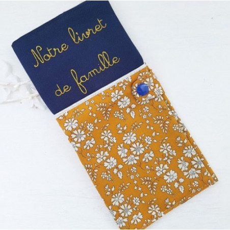 Protège livret de famille personnalisable liberty Capel moutarde, marine et or