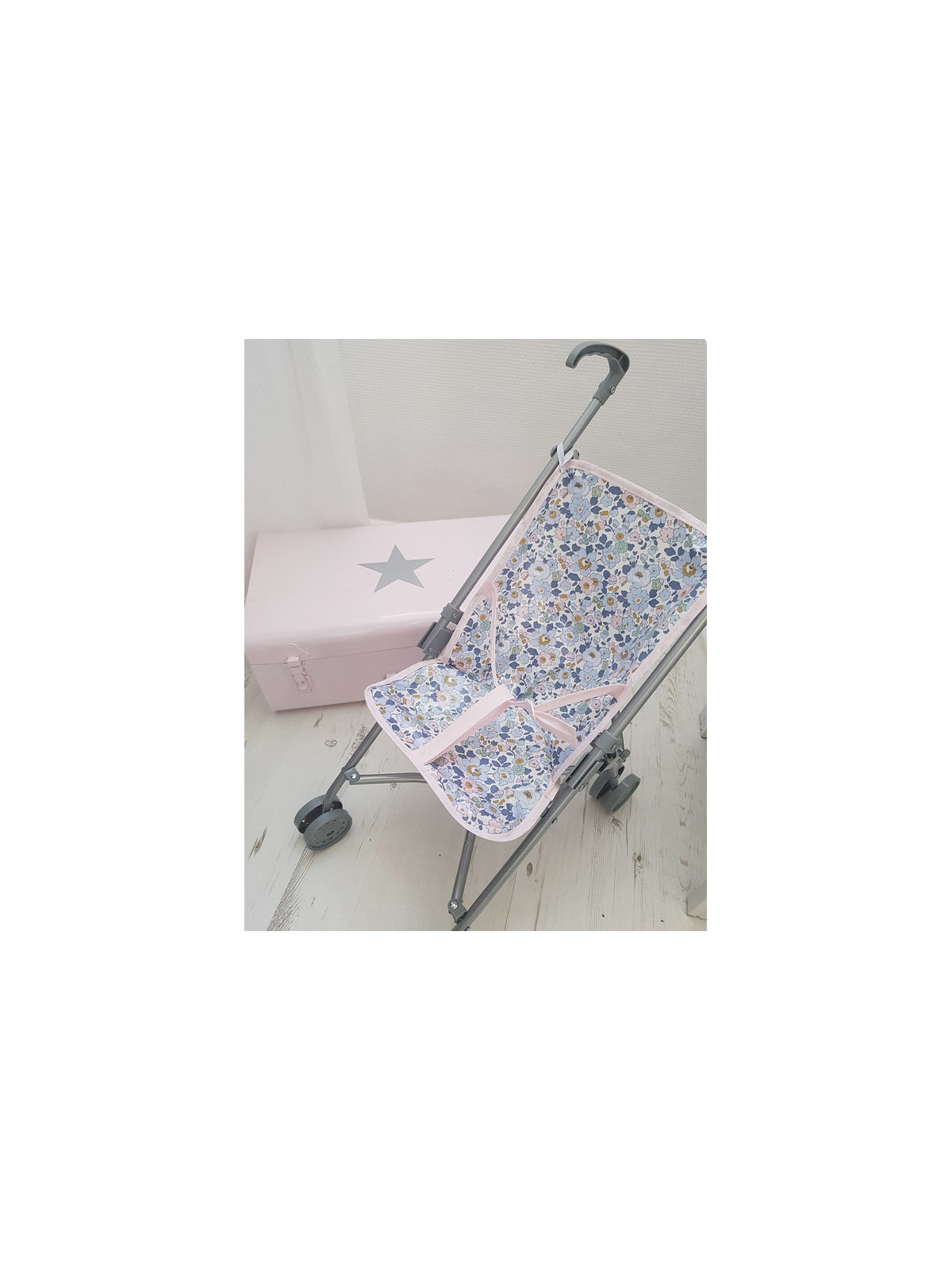 Poussette canne en liberty enduit Betsy denim pour poupée