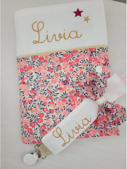 Protège carnet de santé liberty Wiltshire pois de senteur personnalisable avec prénom