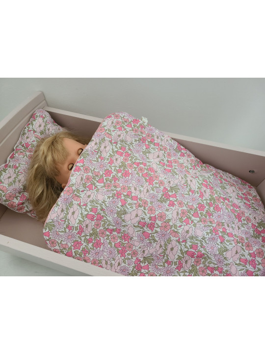 Parure pour lit de poupée en liberty Poppy and Daisy rose pailleté