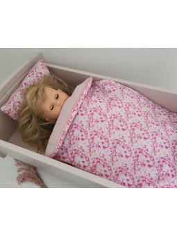 Parure pour lit de poupée en liberty Mitsi valeria rose et double gaze