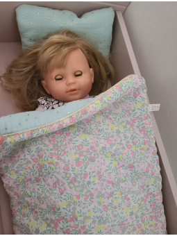 Parure pour lit de poupée en liberty Wiltshire fluo et double gaze