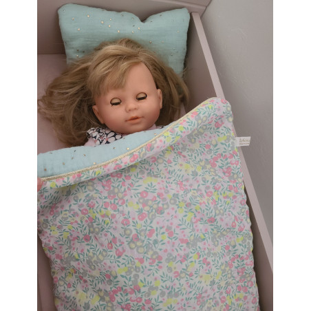 Parure pour lit de poupée en liberty Wiltshire fluo et double gaze