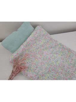 Parure pour lit de poupée en liberty Wiltshire fluo et double gaze