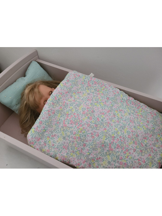 Parure pour lit de poupée en liberty Wiltshire fluo et double gaze
