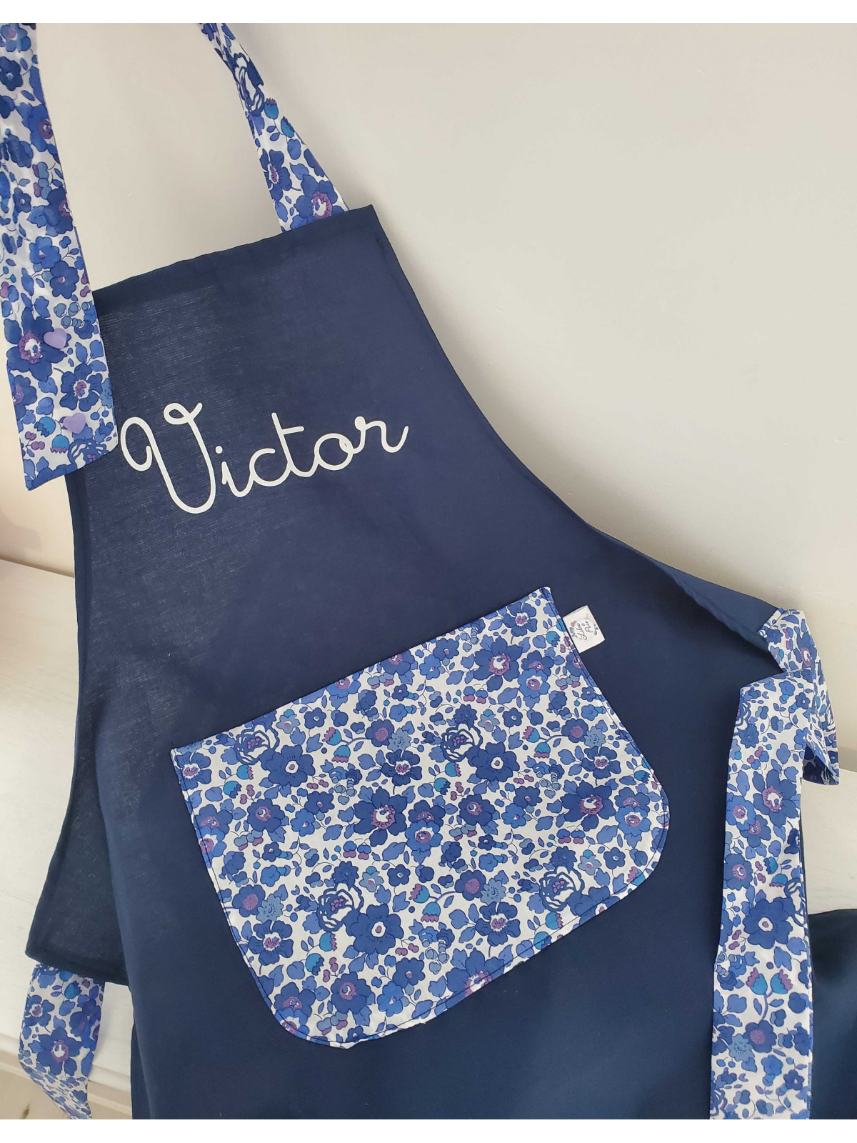 Tablier personnalisé marine et liberty Betsy lavande (choix de tailles)