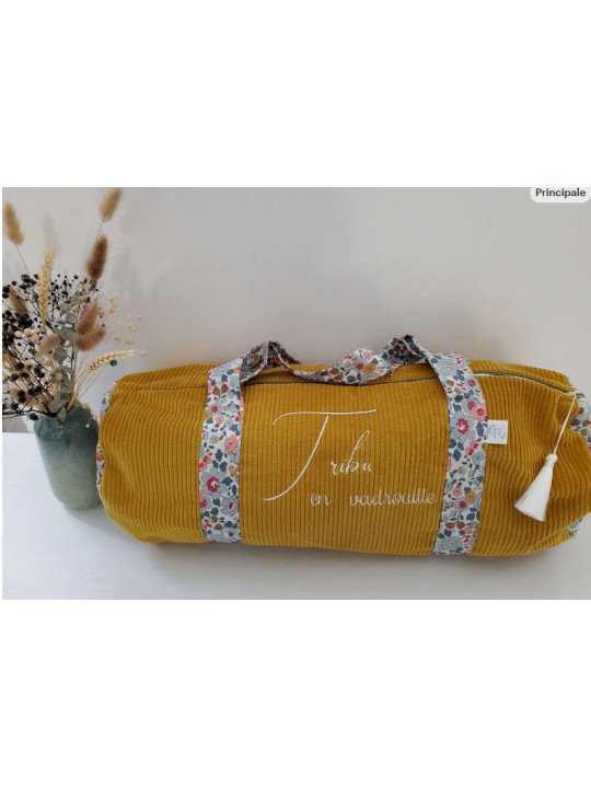 Sac bowling (sac week-end) en liberty Betsy porcelaine/ velours, personnalisé