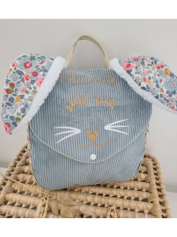 Sac à dos petit lapin maternelle / crèche velours et liberty Betsy porcelaine personnalisé