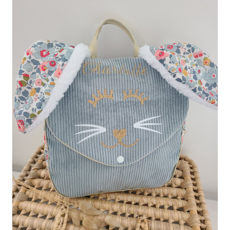 Sac à dos petit lapin maternelle / crèche velours et liberty Betsy porcelaine personnalisé