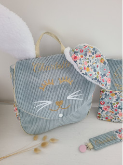 Sac à dos petit lapin maternelle / crèche velours et liberty Betsy porcelaine personnalisé