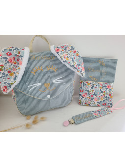 Sac à dos petit lapin maternelle / crèche velours et liberty Betsy porcelaine personnalisé
