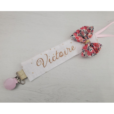 Attache tétine personnalisée, liberty pois senteur et double gaze confettis dorés