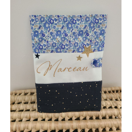 Protège carnet de santé liberty Betsy ann bleu et double gaze personnalisable