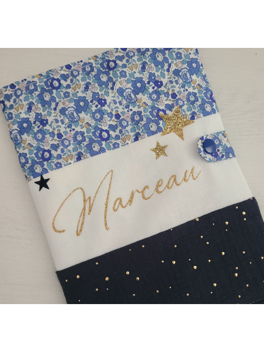 Protège carnet de santé liberty Betsy ann bleu et double gaze personnalisable