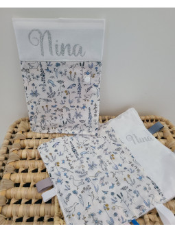 Doudou étiquettes liberty Theo blue dust personnalisé tout doux