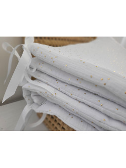 Tour de lit en double gaze de coton blanche confettis or