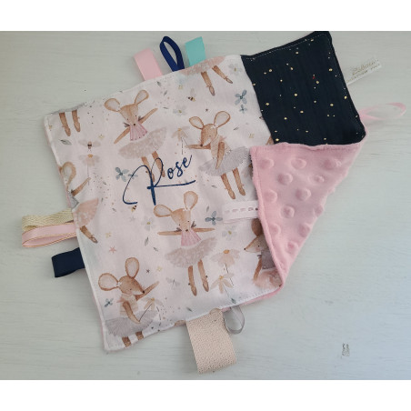 Doudou étiquettes petites souris et double gaze marine personnalisé tout doux