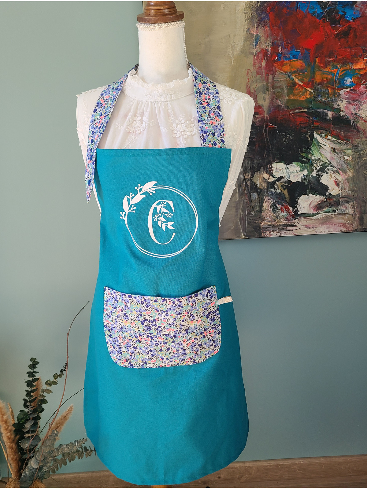 Tablier adulte à personnaliser en coton épais bleu canard et liberty Wiltshire