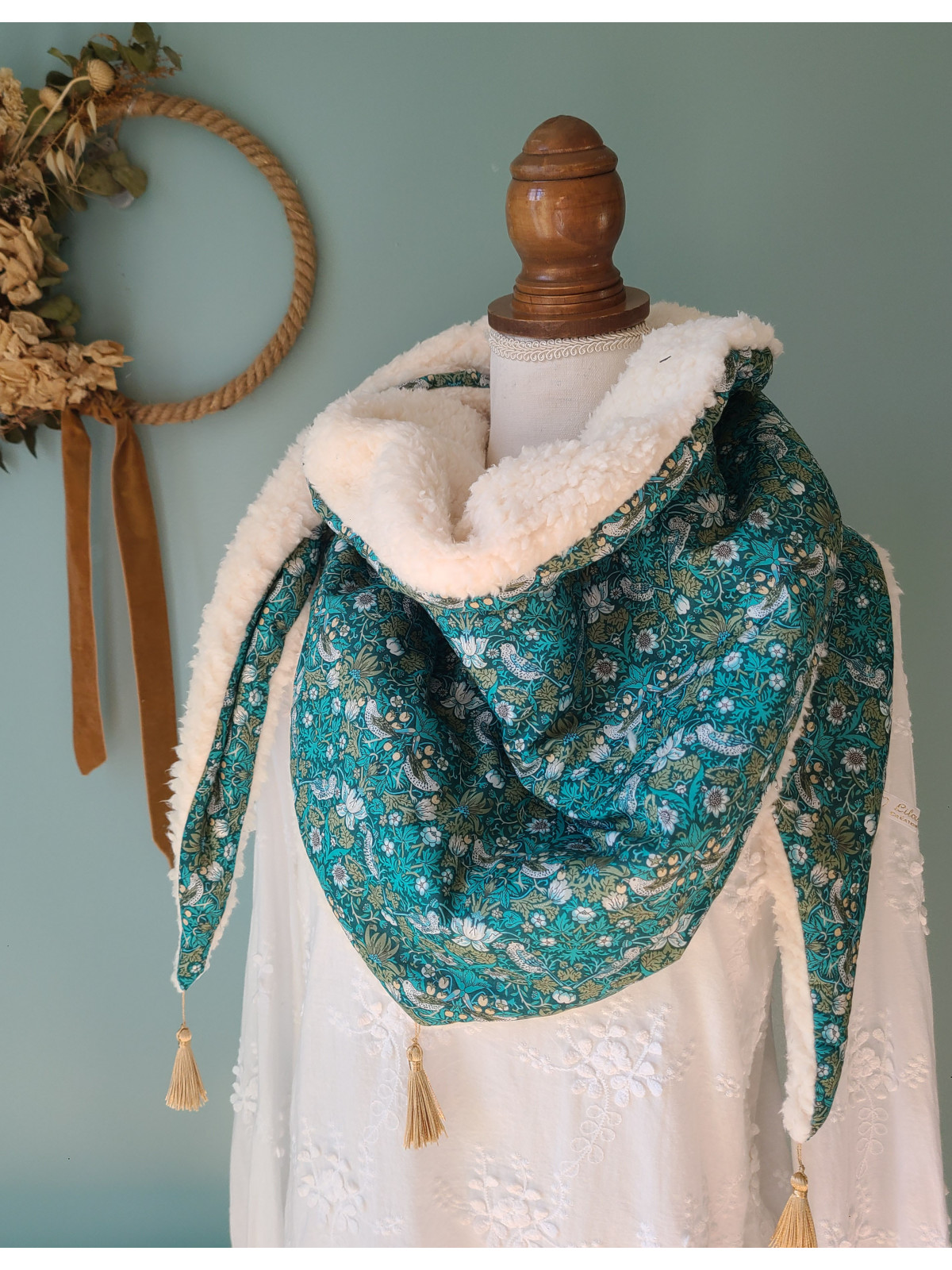 Chèche liberty vert et moumoute extra douce et chaude