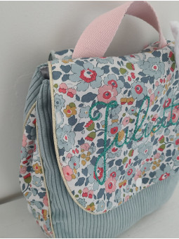 Sac à dos maternelle / crèche velours et liberty Betsy porcelaine personnalisé