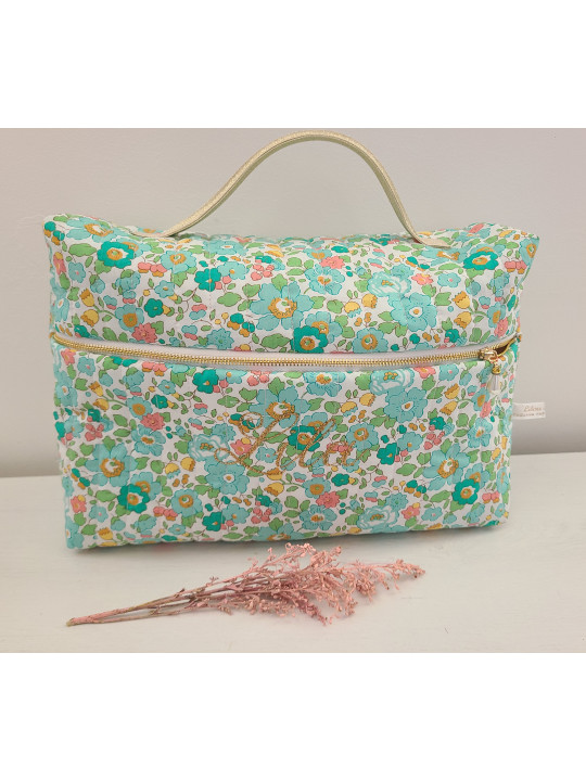 Vanity trousse de toilette personnalisable en liberty Betsy turquoise matelassé