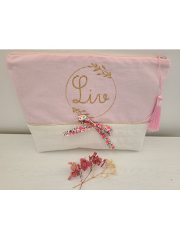 Trousse de toilette personnalisée, couronne florale, liberty Wiltshire pois de senteur et matelassé