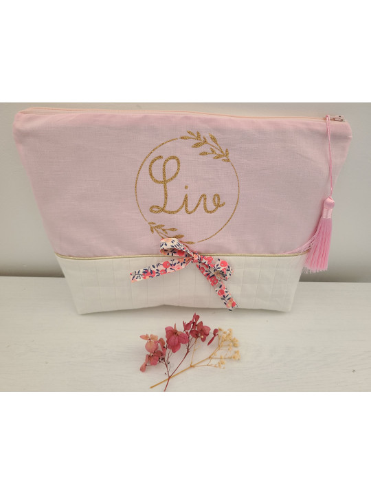 Trousse de toilette personnalisée, couronne florale, liberty Wiltshire pois de senteur et matelassé