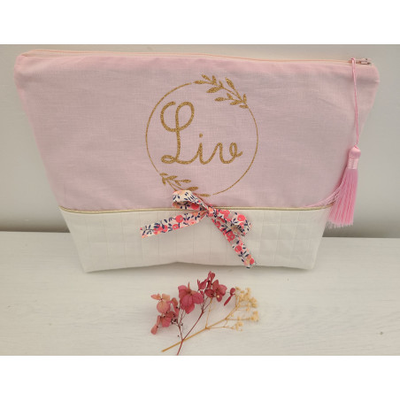 Trousse de toilette personnalisée, couronne florale, liberty Wiltshire pois de senteur et matelassé