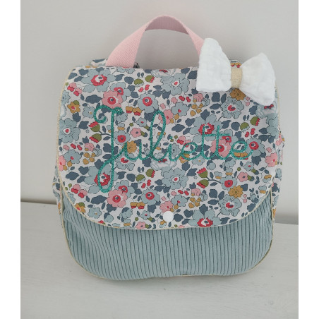 Sac à dos maternelle / crèche velours et liberty Betsy porcelaine personnalisé