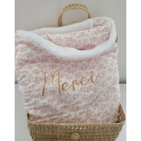 Couverture double gaze de coton bio fleurie et moumoute 150x160 personnalisée