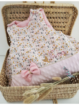 Gigoteuse 0-6 mois rose poudre et or thème floral, coton et minkee