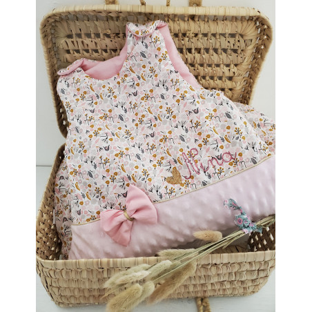 Gigoteuse 0-6 mois rose poudre et or thème floral, coton et minkee