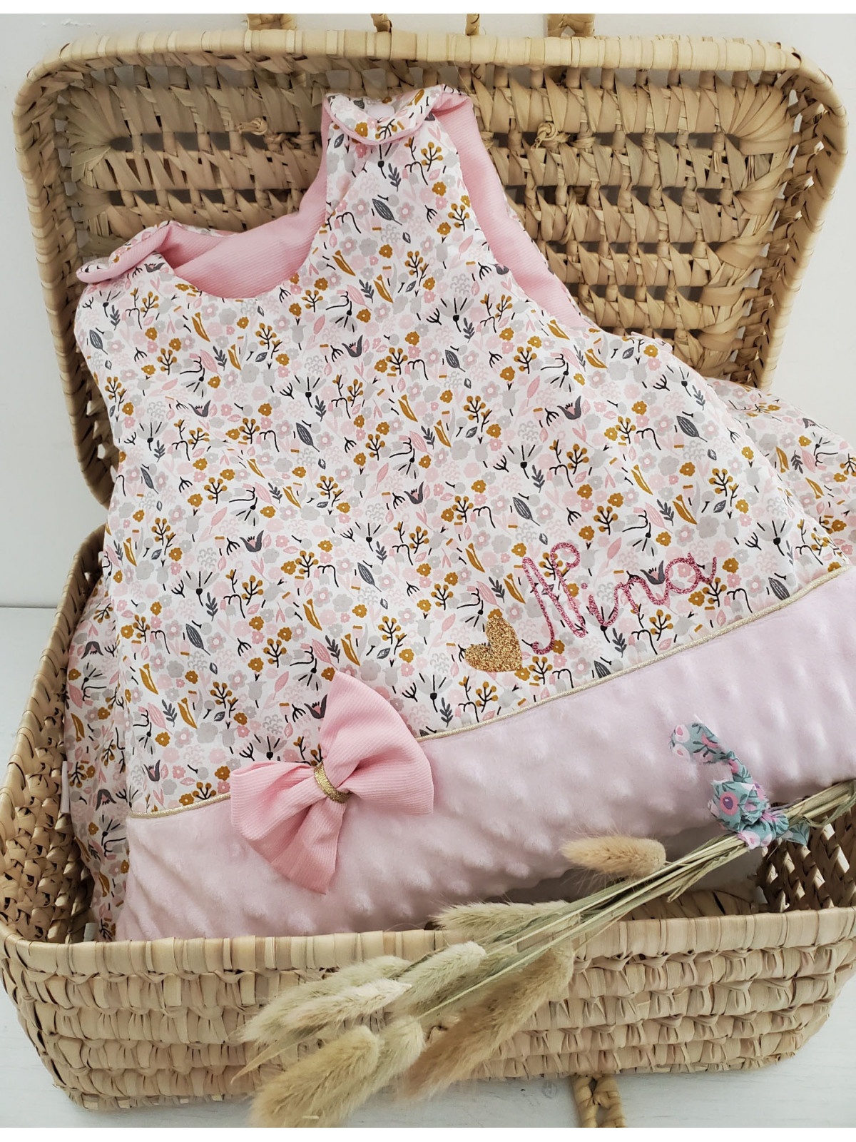 Gigoteuse 0-6 mois rose poudre et or thème floral, coton et minkee