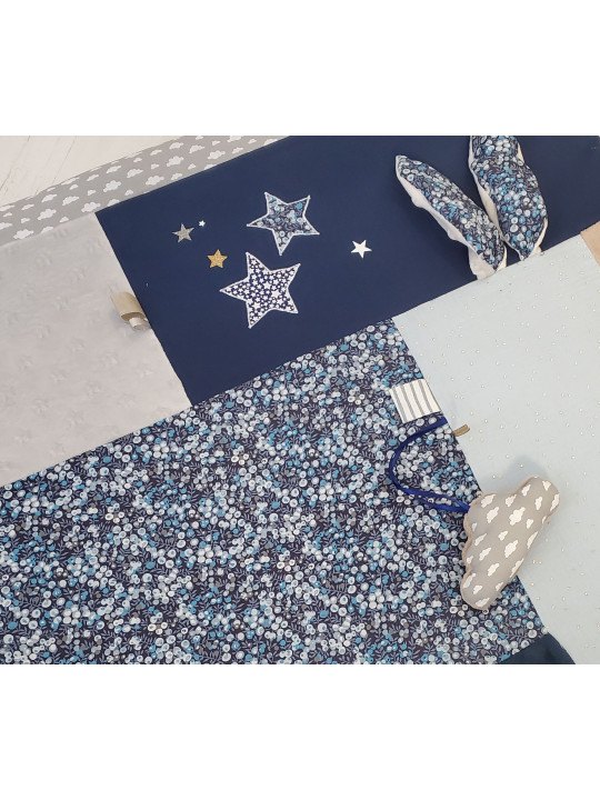 Tapis d'éveil ou de parc plusieurs textures, tons de bleu, gris, marine et liberty Wiltshire
