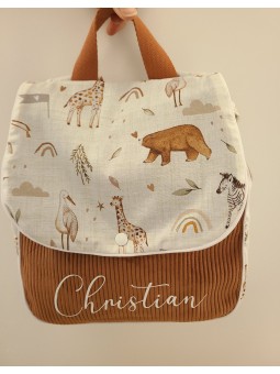 Sac à dos maternelle / crèche velours et coton savane personnalisé