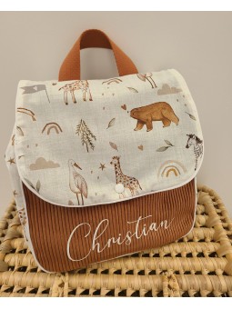 Sac à dos maternelle / crèche velours et coton savane personnalisé
