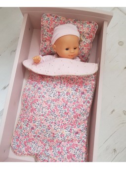 Parure pour lit de poupée en liberty Wiltshire pois de senteur