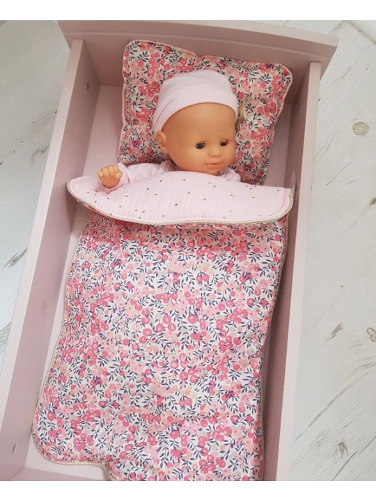 Parure pour lit de poupée en liberty Wiltshire pois de senteur