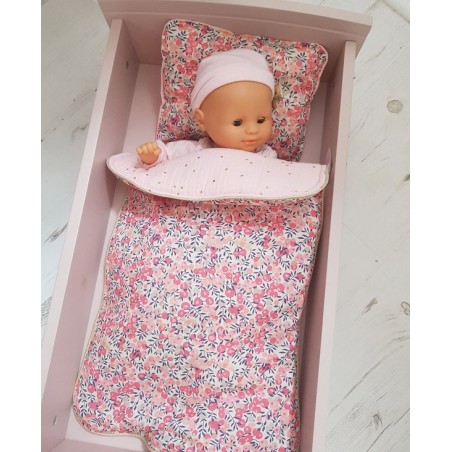 Parure pour lit de poupée en liberty Wiltshire pois de senteur