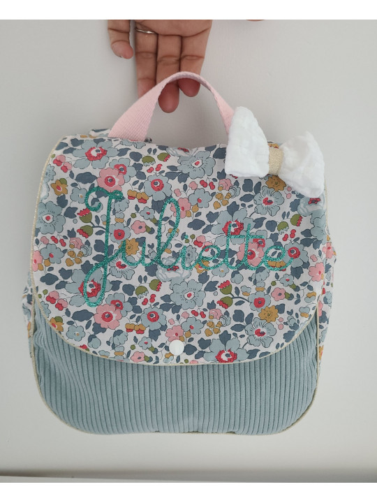 Sac à dos maternelle / crèche velours et liberty Betsy porcelaine personnalisé