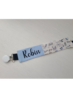 Attache tétine liberty Theo blue dust personnalisée prénom