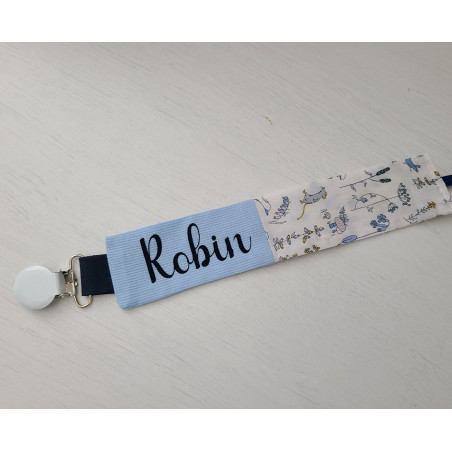 Attache tétine liberty Theo blue dust personnalisée prénom