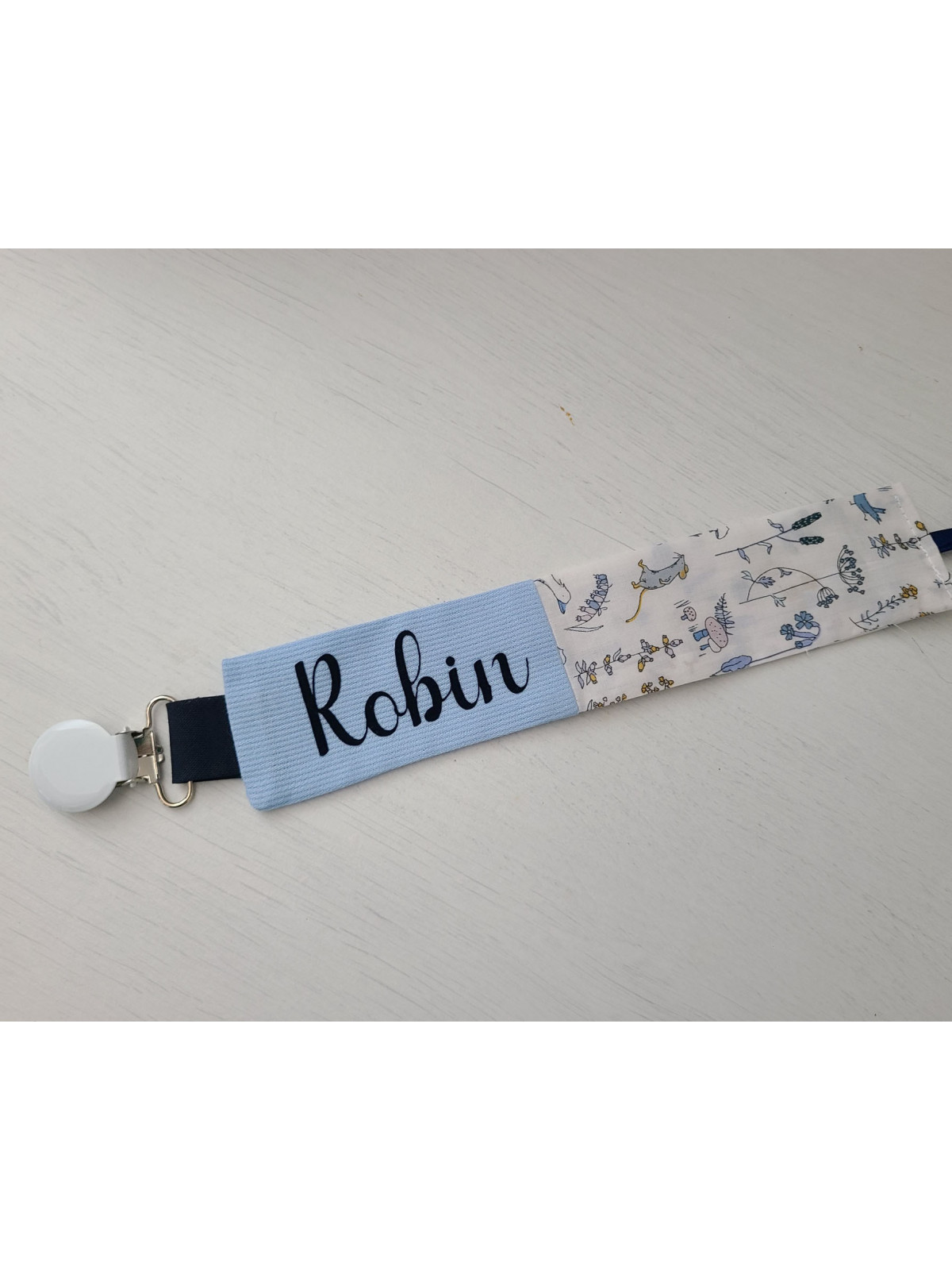 Attache tétine liberty Theo blue dust personnalisée prénom