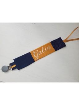 Attache tétine moutarde et marine personnalisé prénom