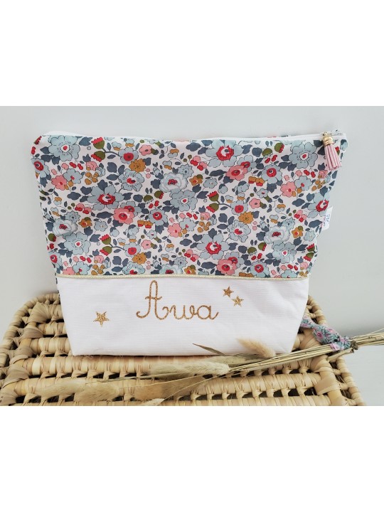 Trousse de toilette personnalisée prénom liberty Betsy porcelaine (cadeau naissance, baptême, communion ...)