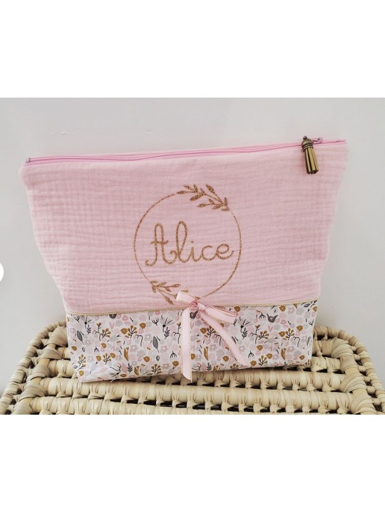 Trousse de toilette personnalisée, joli coton floral et double gaze